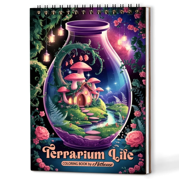 NETHOUSE Terrarium Life Spiral Coloring Book for Adults, A5 Wooden Cover, 30 Coloring Pages of Lush Terrarium Scenes, Miniature Gardens, Mushrooms, Glass Globes and Nature-Inspired Designs