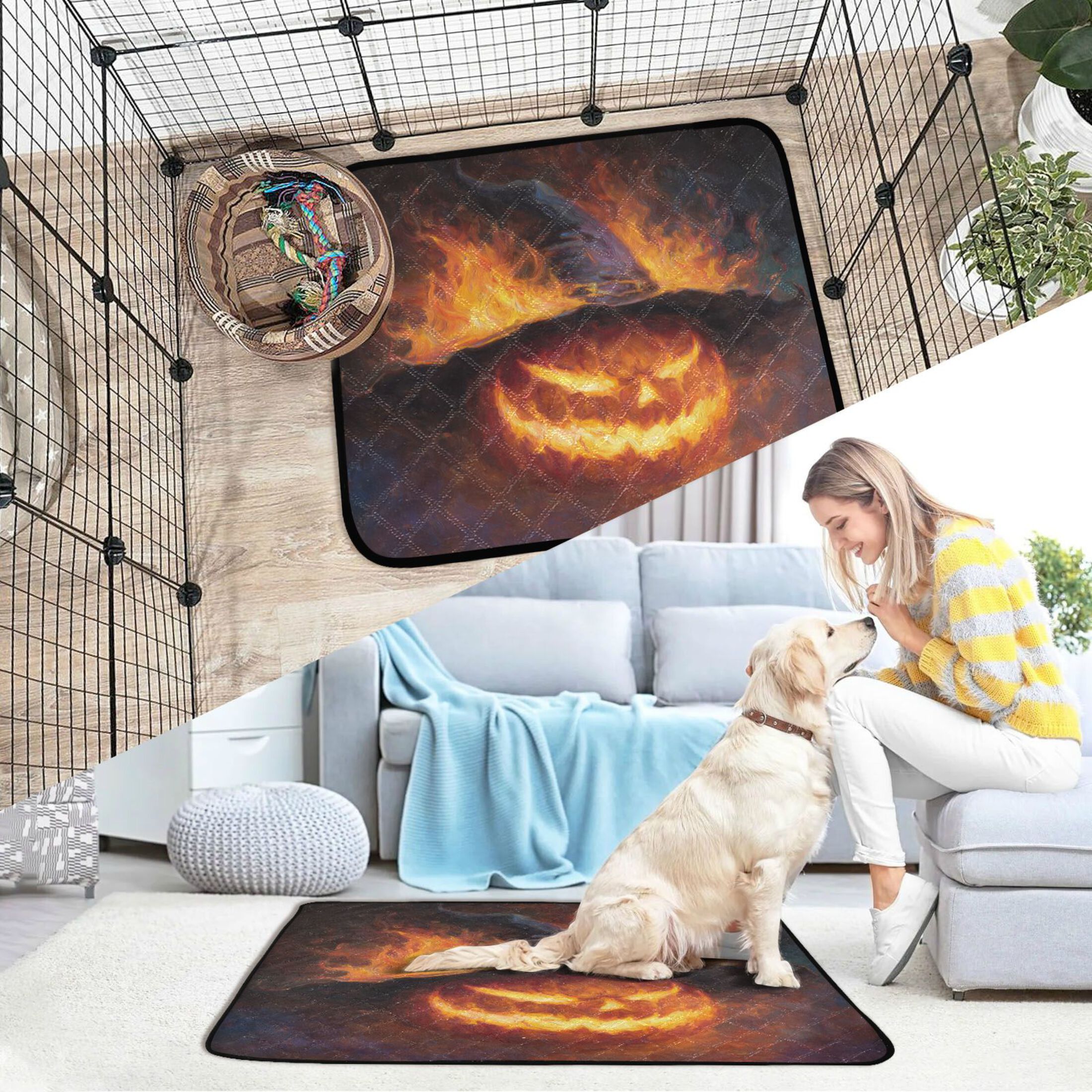 Qxltty Flaming Pumpkin Cat litter Pads Pet Set of 2 Diaper Mats Center Anti-leakage Layer Absorbent Soft and Comfortable