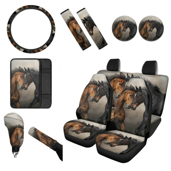 Renewold Brown Black Horse Car Seat Covers Full Set for Women, with Steering Wheel Cover Seat Belt Pad Armrest Pad Handbrake Cover Gear Shift Cover Handbrake Cover Cup Coaster, Set of 12