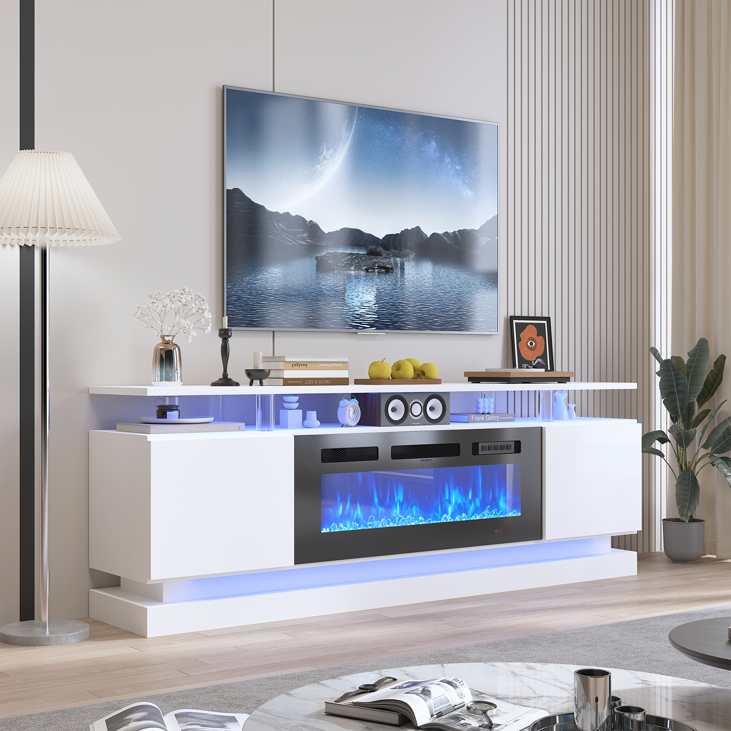 BaPiPro 70" Modern Electric Fireplace TV Stand for TVs Up to 80", Entertainment Center with Music Sync LED Lights & Storage Cabinets, Media Console for Living Room, White
