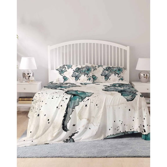 4 Piece Queen Sheet Set Vintage Map Sheets Set for Queen Size Bed, Breathable Soft Microfiber Bed Sheets Cooling Teal Flowers Color Block Abstract Fitted Sheet Deep Pocket, Pillowcases
