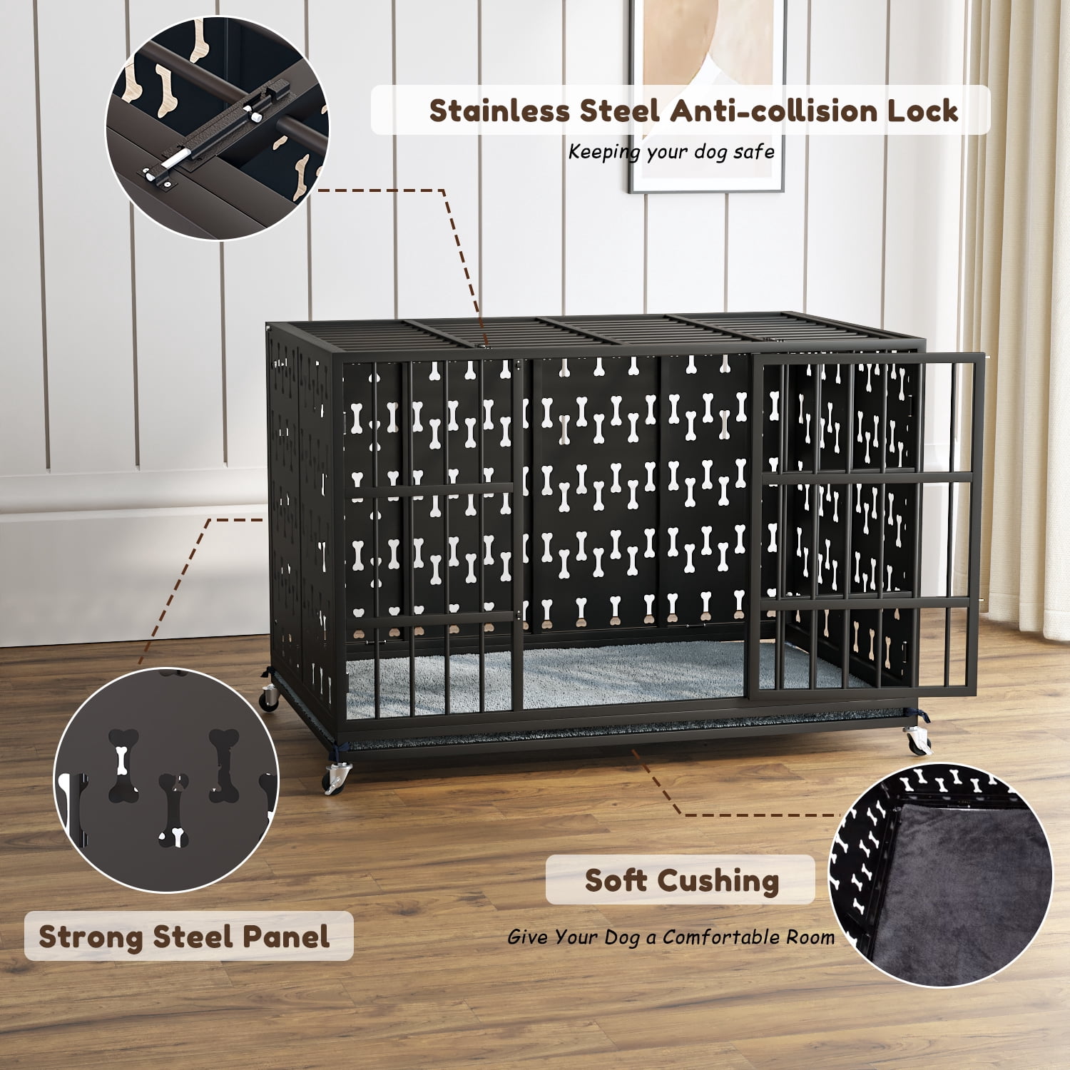 BOSSIN 48 Inch Steel Cushion Dog Crate Heavy Duty Chew Proof Kennel for Large Dogs, XL Metal Cage with Locking Wheels