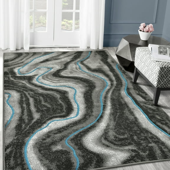 Allstar Rugs 5' 0" x 6' 11" Grey Modern Abstract Themed Polypropylene Area Rug with a Black Viscous Fluid Design and Electric Blue Accents. Machine-Made in Turkey.