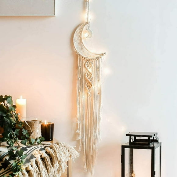 Macrame Dream Catcher with Light String Bohemian Moon Star Dream Catcher Cotton Thread Woven Wall Hanging Boho Decor for Living Room Bedroom Wedding Decoration