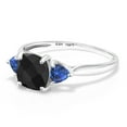 thumbnail image 3 of Gem Stone King 10K White Gold Black Onyx and Blue Created Sapphire 3-Stone Engagement Ring for Women (2.01 Cttw, 7MM Cushion Checkerboard and 4MM Trillion, Size 9), 3 of 6