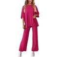 thumbnail image 5 of WTOBBY Women's Loose Fashion Solid Color Split Hem Round Neck Short Sleeve Top and Long Pants Two Piece Casual Summer Set for Women,Hot Pink 2XL, 5 of 6