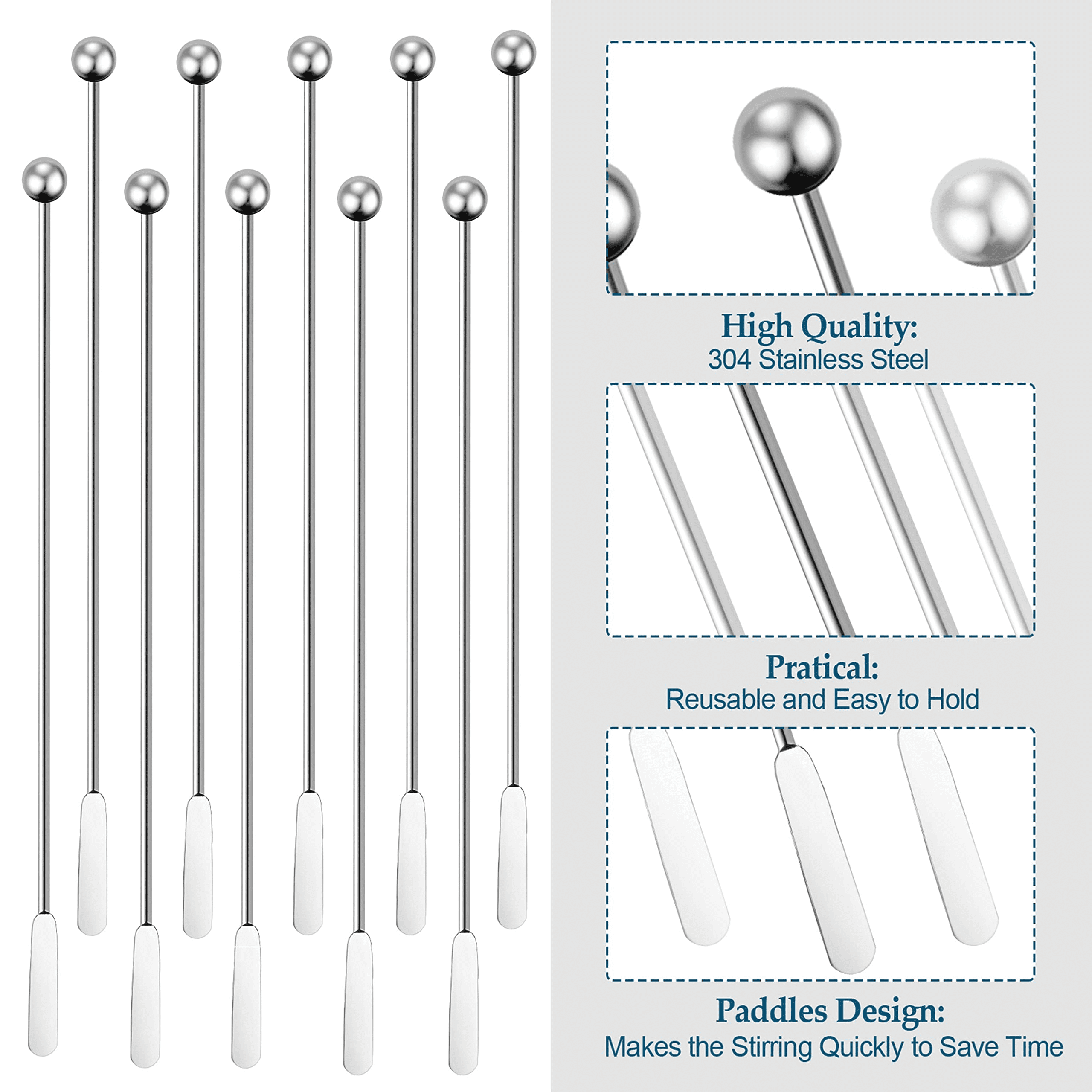 Jsdoin Stainless Steel Coffee Beverage Stirrers Stir Cocktail Drink Swizzle  Stick with Small Rectangular Paddles (5 silver)