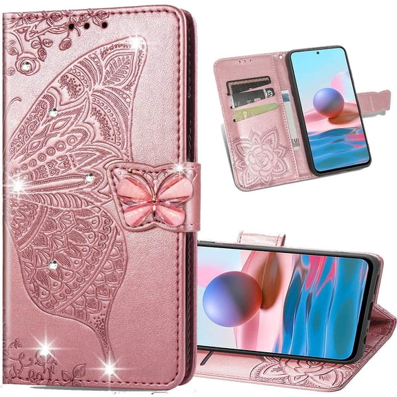 for Xiaomi Mi 11T Wallet Case,3D Butterfly PU Leather Shell with Credit Card Slots Case Cover for Xiaomi Mi 11T/Pro Rhinestone Rose Gold