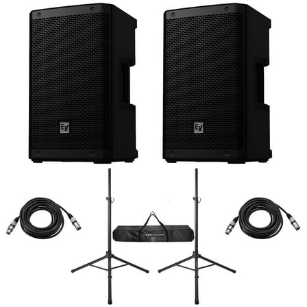Electro-Voice ZLX-G2 8" 1000W 2-Way Bluetooth Powered Loudspeaker, Black, Pair, Bundle with Stands and Cables