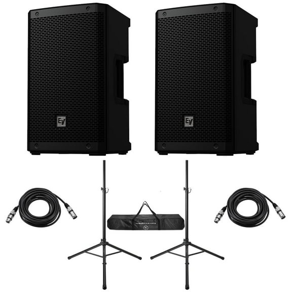 Electro-Voice ZLX-G2 8" 1000W 2-Way Bluetooth Powered Loudspeaker, Black, Pair, Bundle with Stands and Cables