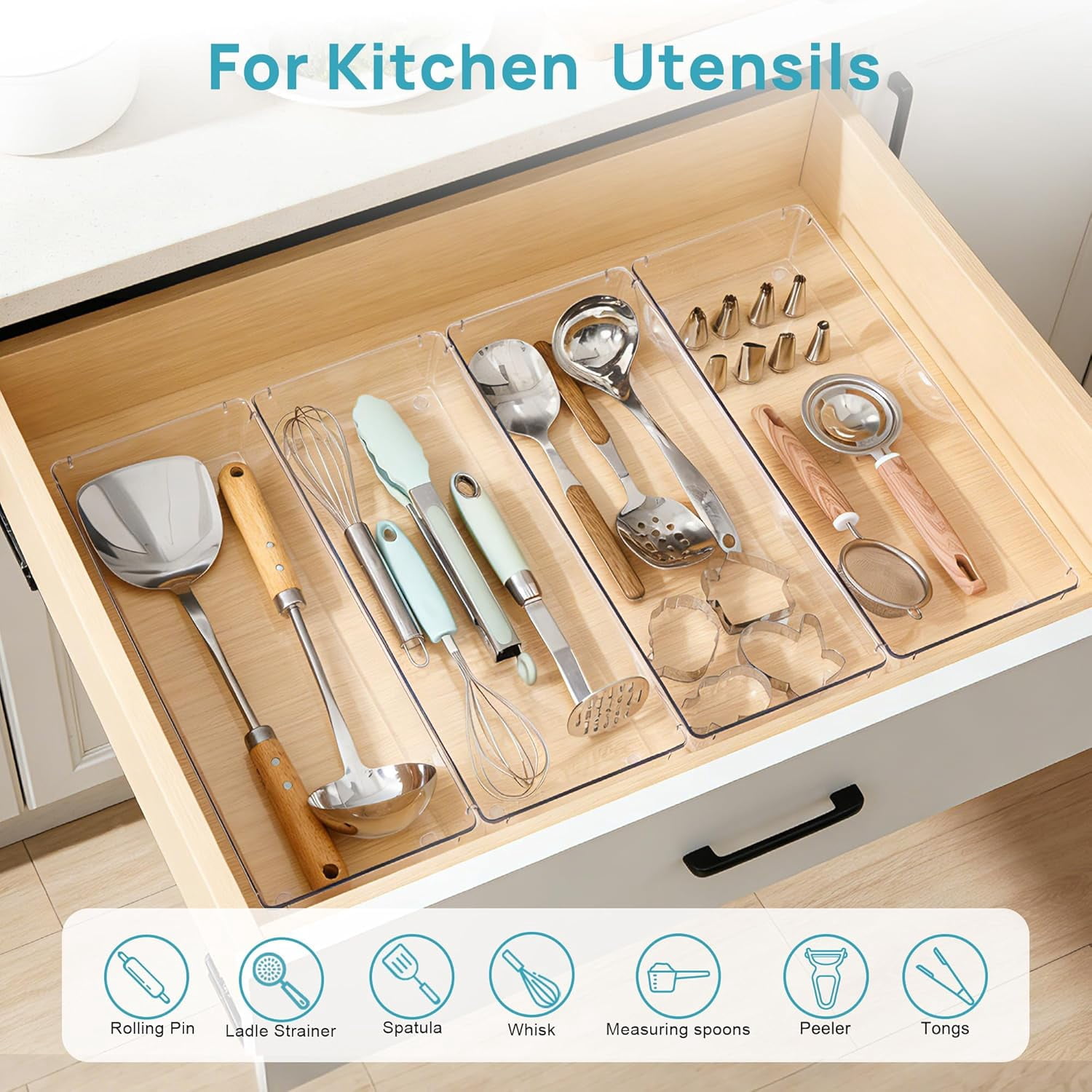 RGHJAR-4 Pack 15" X 6" Kitchen Drawer Organizers, Clear Plastic Drawer Organizer Tray, Storage Bins for Flatware, Silverware, Utensil, Cutlery