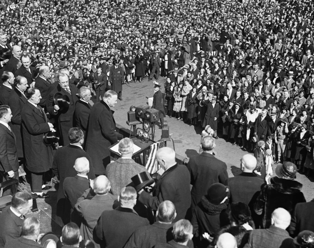 President Herbert Hoover Addresses A Crowd During His 1932 Campaign For