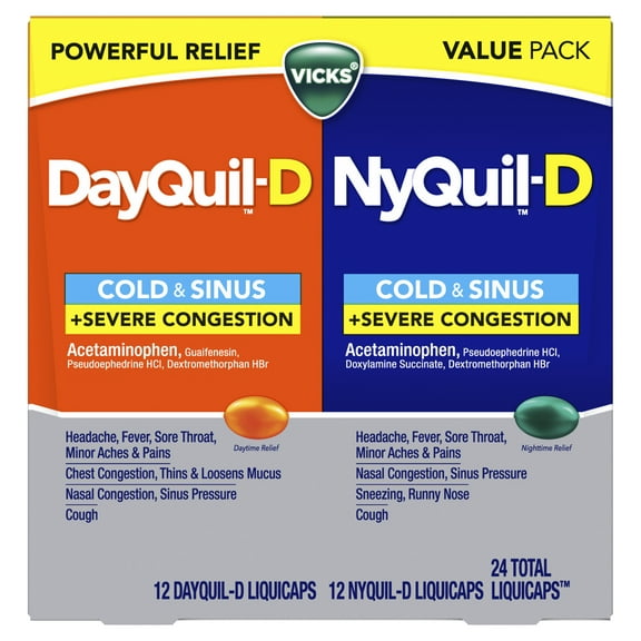Vicks DayQuil-D and NyQuil-D Cold & Sinus LiquiCaps, Cold & Sinus Medicine for Adults, 24 Count
