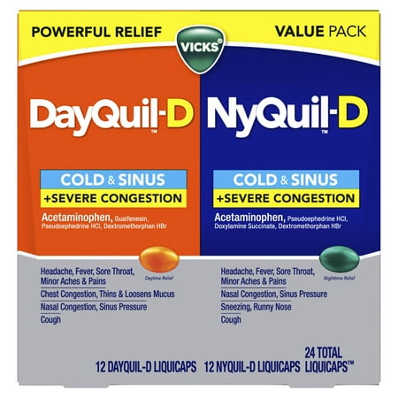 Vicks DayQuil-D and NyQuil-D Cold & Sinus LiquiCaps, Cold & Sinus Medicine for Adults, 24 Count