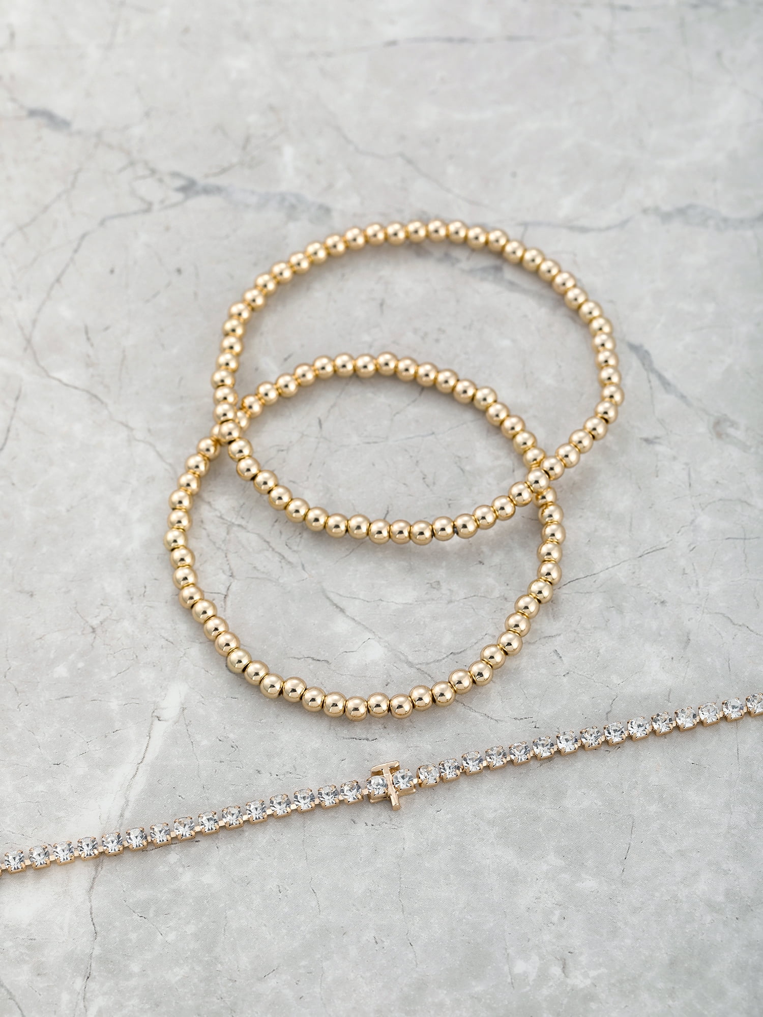 Time and Tru Goldtone and Crystal Beaded Stretch Bracelets, 3 Pieces, Initial Letter D