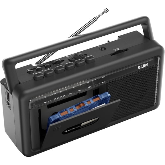 Restored KLIM Portable Cassette Player & Tape Recorder Boombox with AM/FM Radio, USB, Bluetooth, Speaker, and Earphone Jack Battery and AC Operated, Black (Refurbished)