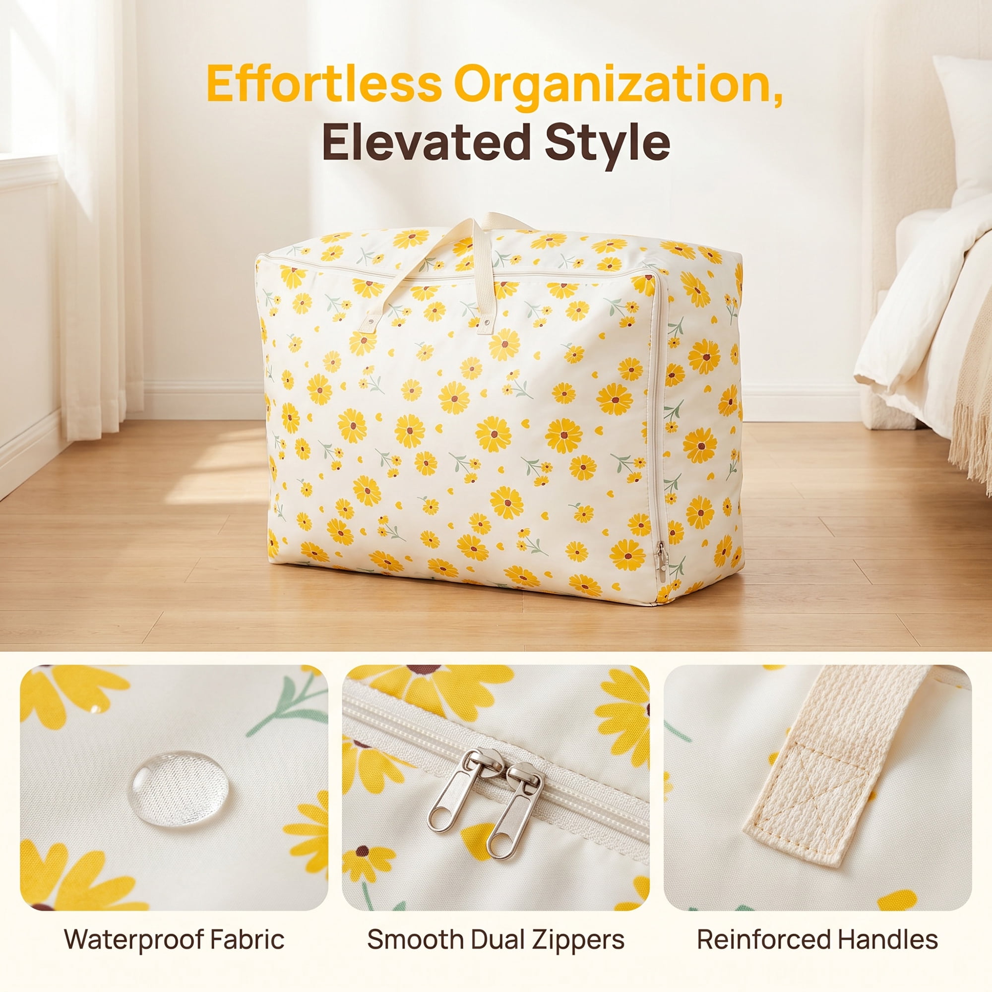 Unique Bargains Dustproof Floral Zipper Large Moving Bag Yellow 23.6" x 9.8" x 15.7"