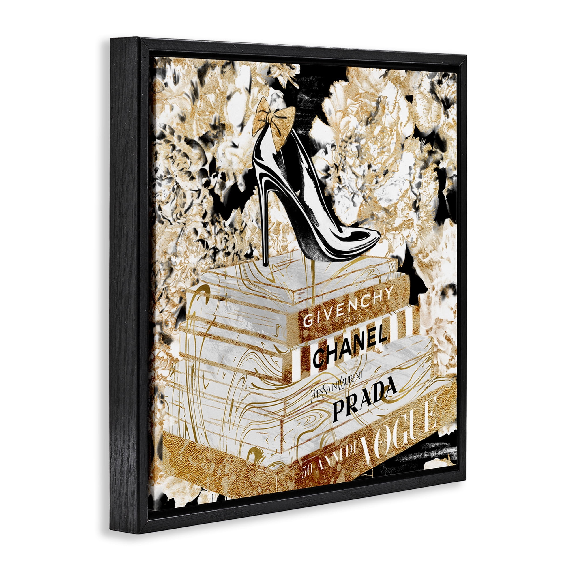 Stupell Industries Designer Fashion Heels & Books Beauty & Fashion Painting Black Floater Framed Canvas Art Print Wall Art, 25 x 25
