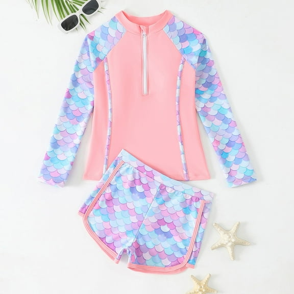 CUZIBR Toddler Kids Girls Swimsuit Sets Flower Print Long Sleeve Crewneck Top Shirts And Elastic Waist Ruffles Bottoms Swimwear Rash Guard Upf 50 Sun Protection Bathing Suit,Pink,7-8 Years