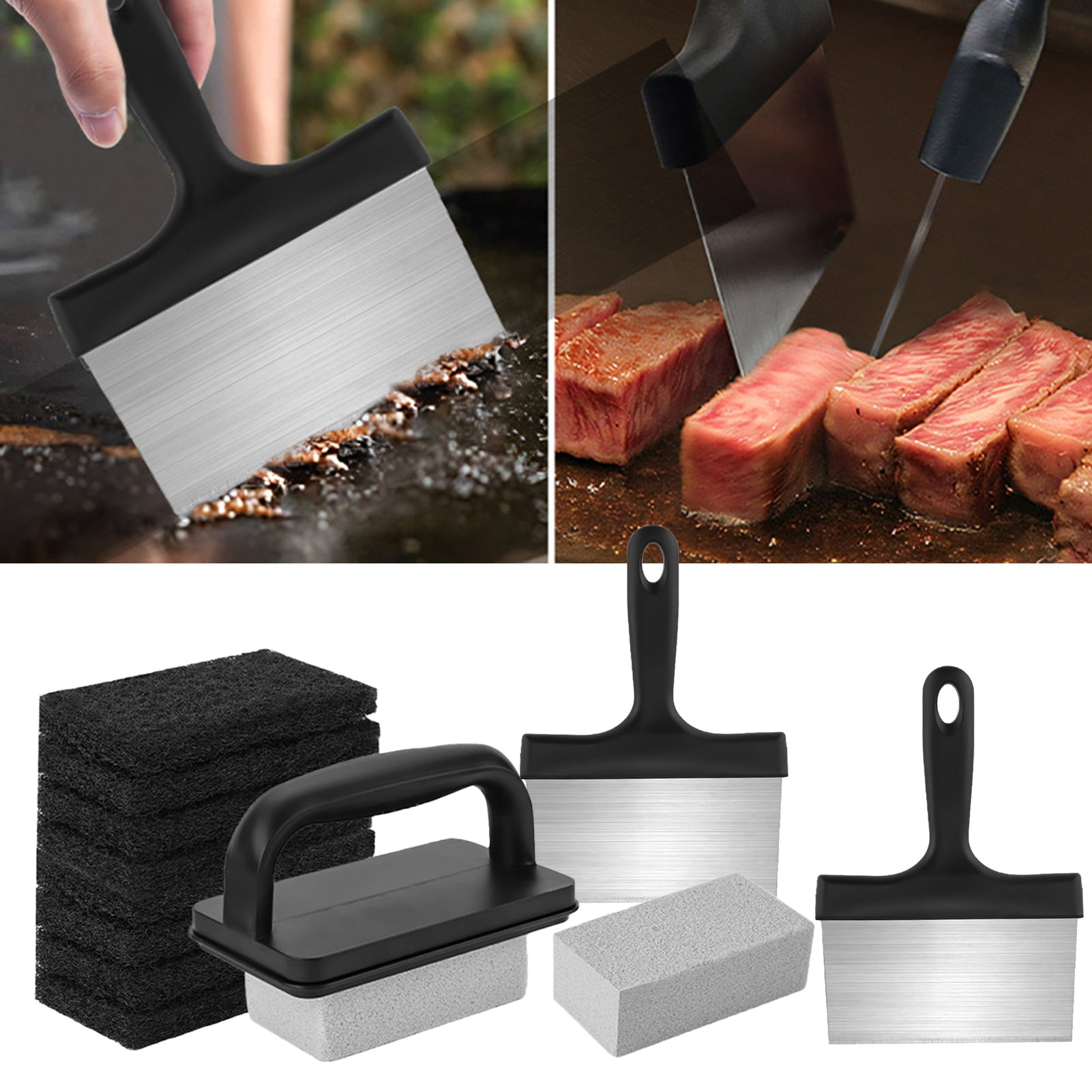 Opvise 1 Set BBQ Griddle Cleaning Tool Kit with Handle Scraper Scouring Pad Pumice Stone Brush Multifunctional Barbecue Flat Top Grill Cleaner Kit Sets