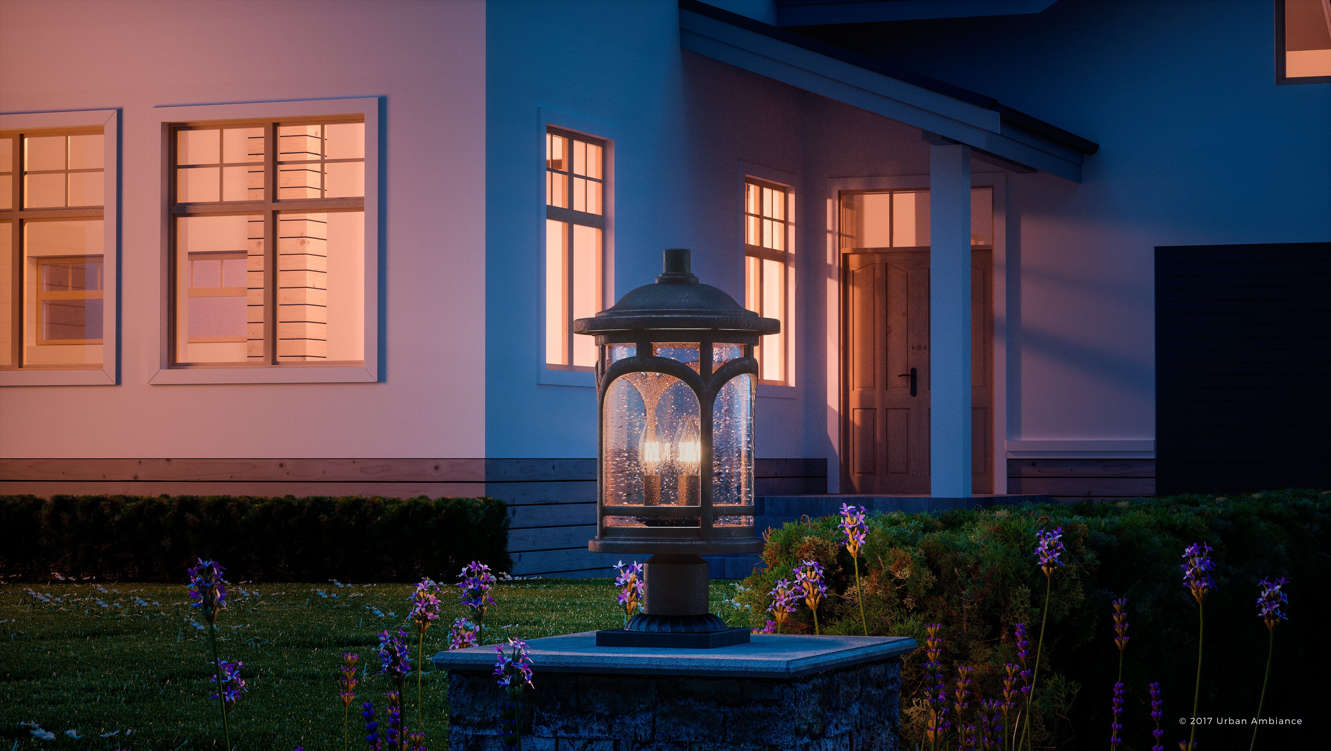 Urban Ambiance Luxury Rustic Outdoor Post Light, Medium Size: 19"H x 11"W, with Colonial Style Elements, Wrought Iron Design, Oil Rubbed Parisian Bronze Finish and Seeded Glass, UQL1107