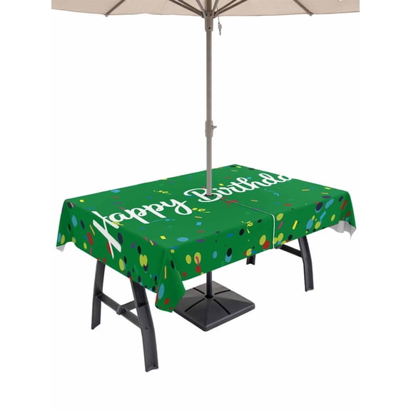 Outdoor Tablecloth with Umbrella Hole, Grass Green Birthday Waterproof Outdoor Table Cover, Colorful Confetti Ribbons Polka Dots Classroom Patio Tablecloths for Party Picnic, Rectangle 52"x70"