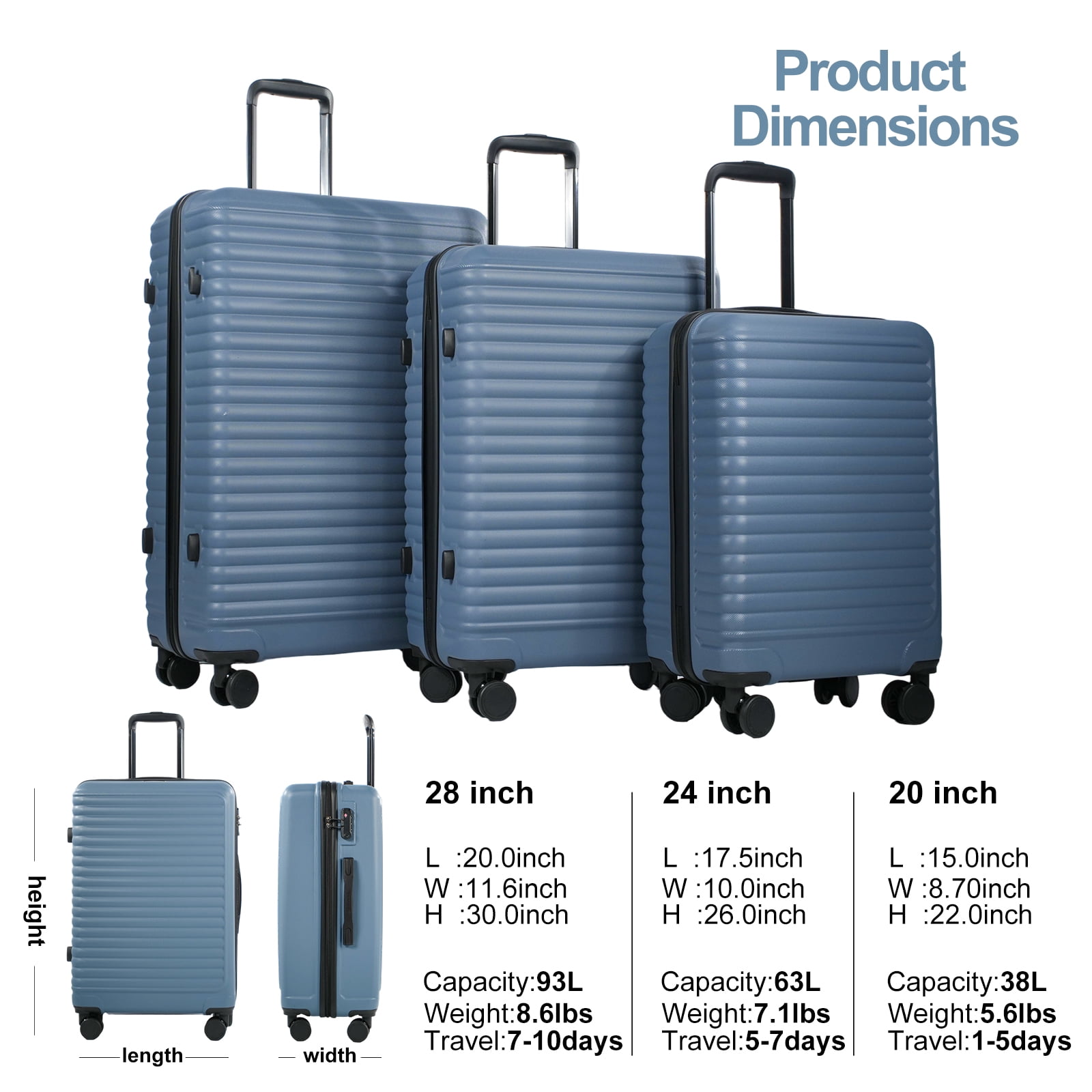 Travelhouse 3 Piece Hardside Luggage Set Hardshell Lightweight Suitcase with TSA Lock Spinner Wheels 20in24in28in.(Blue)