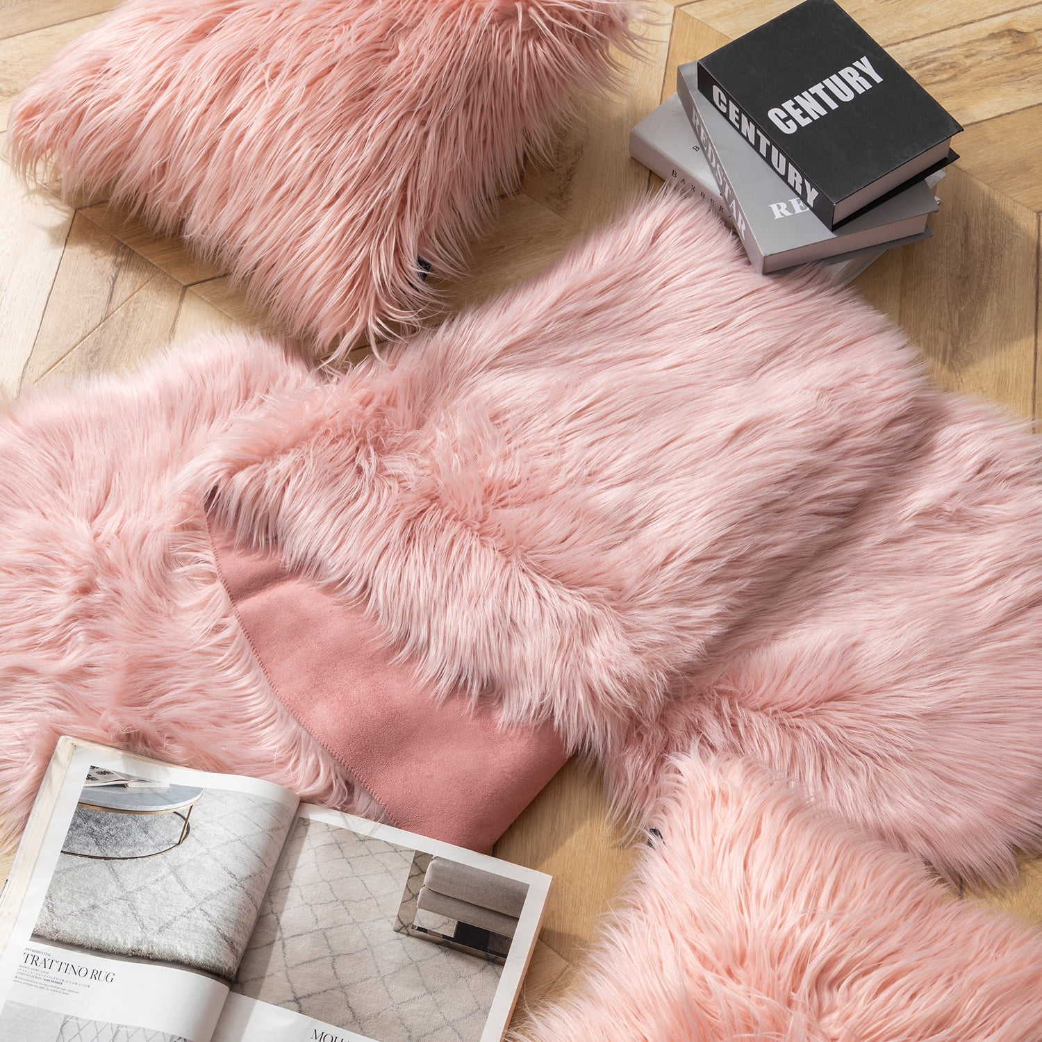 Phantoscope Designer's Choice Faux Fur Decorative Throw Pillow + Area Rug Bundle, 18" x 18"/ 2' x 6', Pink, 2 Pillows + 1 Rug