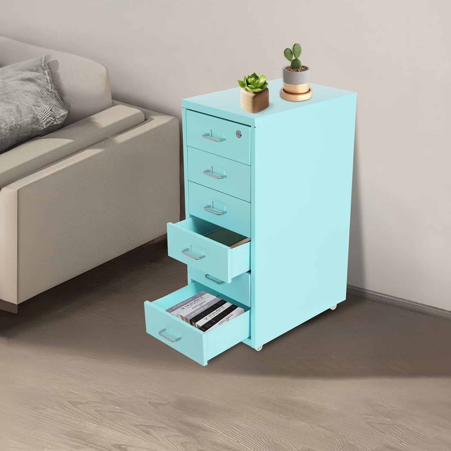 6 Drawers File Cabinet with Lock Rolling Mobile Filing Cabinet with Wheels Under Desk Vertical Filing Cabinet for Office/Home Metal Mobile Storage File Organizer for Home Office, 11*16*27in