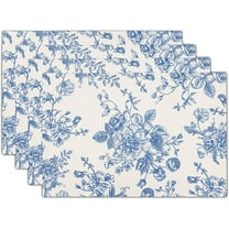 Blue Floral Placemats Set of 4 Vintage Flower Blue and Cream Washable Non-Slip Heat Resistant Place Mats 12x18 Inch Spring Summer Linen Table Mats for Kitchen Dining Party Decor