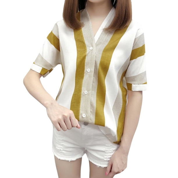 Gibobby Blusas Elegantes Para Mujer Blusa con cuello en V a rayas de manga para mujer Camisa de Blusa corta de ocio superior suelta para mujer(Amarillo, XXL)