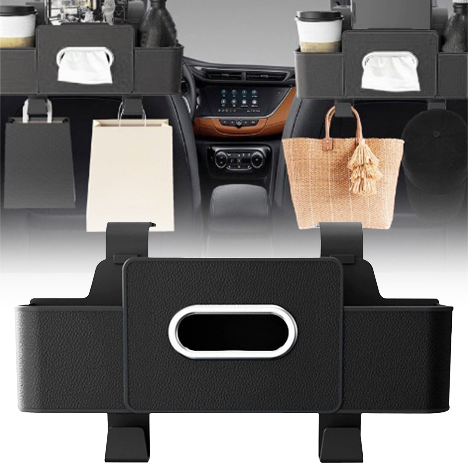 Car Rear Backseat Extra Multifunctional Drink Cup Holder Organizers with Tissue Paper Storage Box Organizer & Hooks for Car Seat Back - 1Pc, Durable Storage Box for Car Accessories(Black,11.8x3.9")
