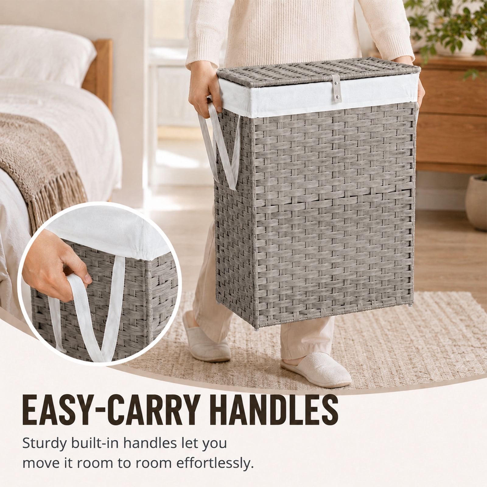 Alvantor 90L/110L Laundry Hamper with Lid, No Install Needed, Synthetic Rattan Clothes Laundry Basket with Lid and Handles, Foldable, Removable Liner, with Handles