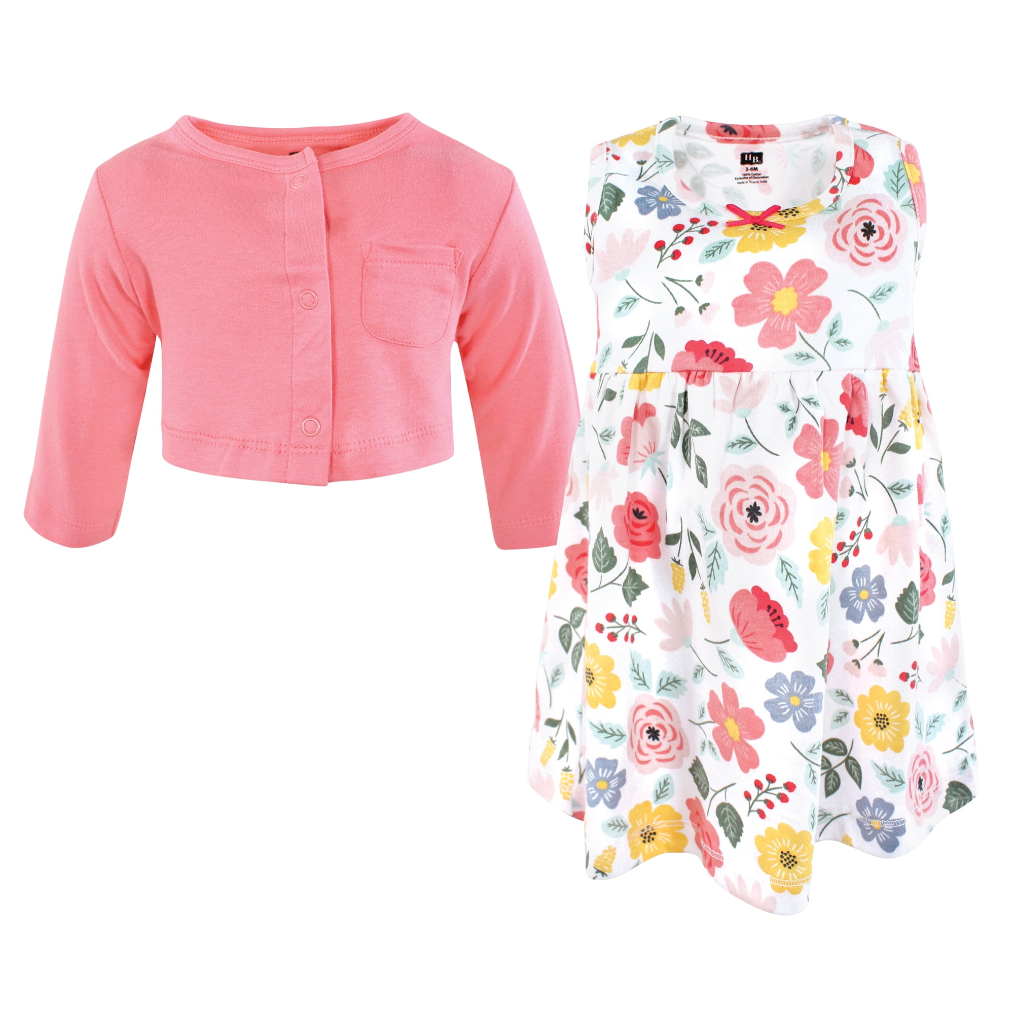 Hudson Baby Girls Cotton Dress and Cardigan Set, Modern Botanical, 3T