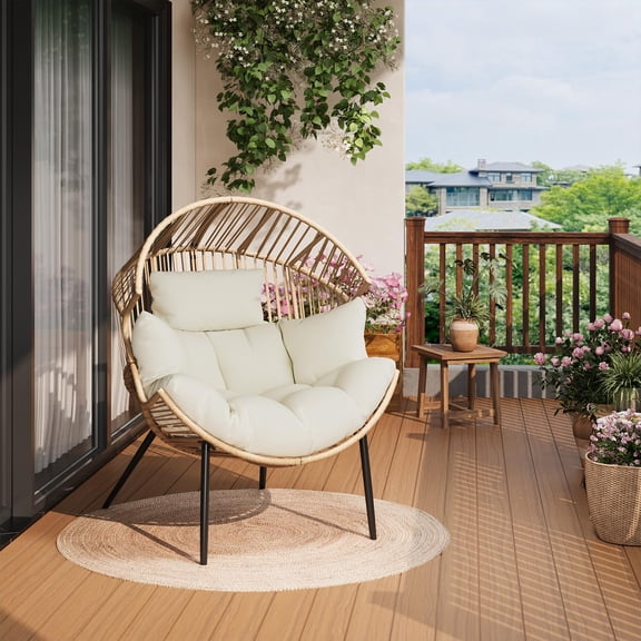 GIMMYFIVE Oversized Wicker Rocker Egg Chair, Indoor/Outdoor Patio Lounge Seating with Thick Cream Cushions