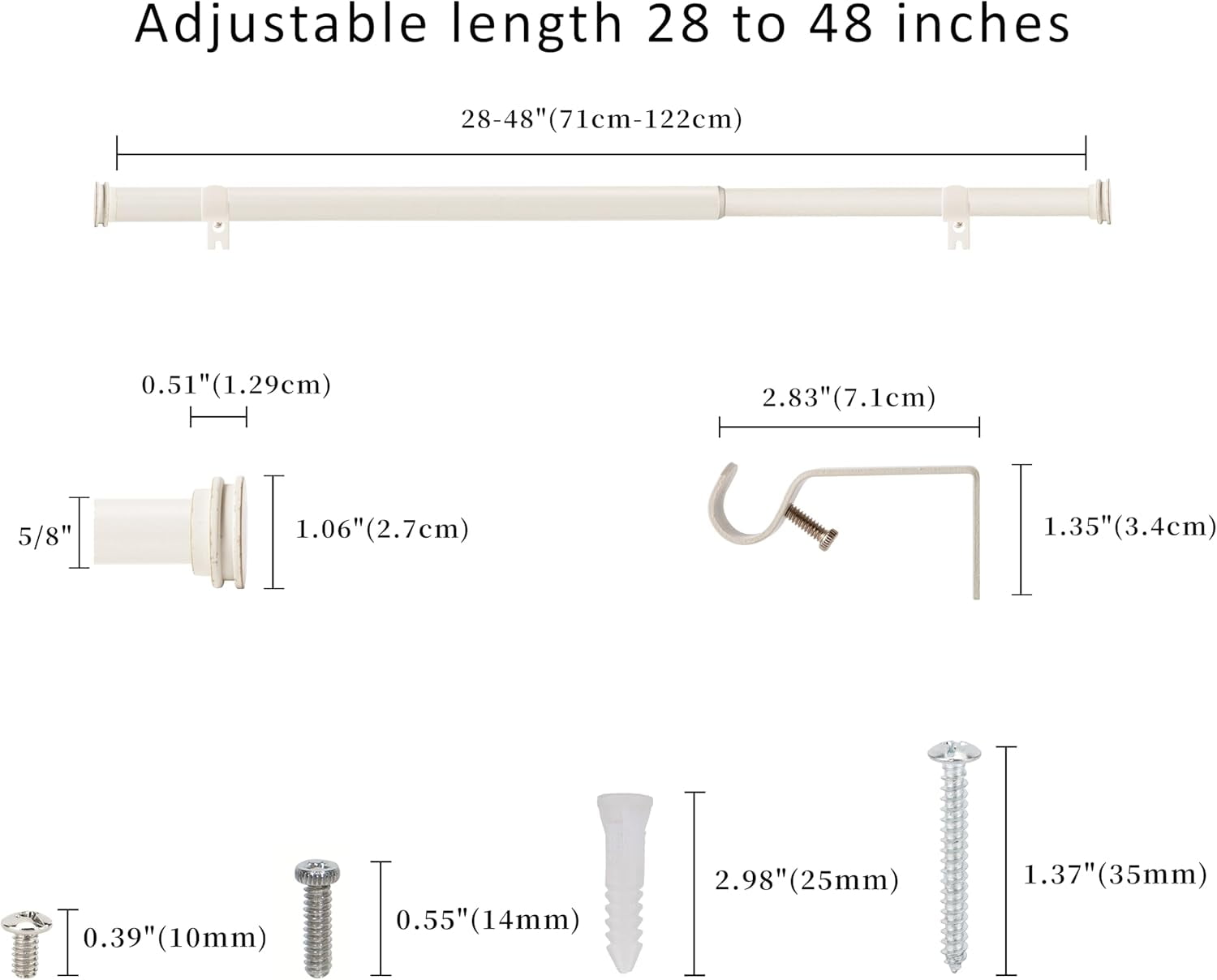 eTeckram 5/8" Single Curtain Rod with Nerveux Finials,Weathered White,28‘’-48‘’