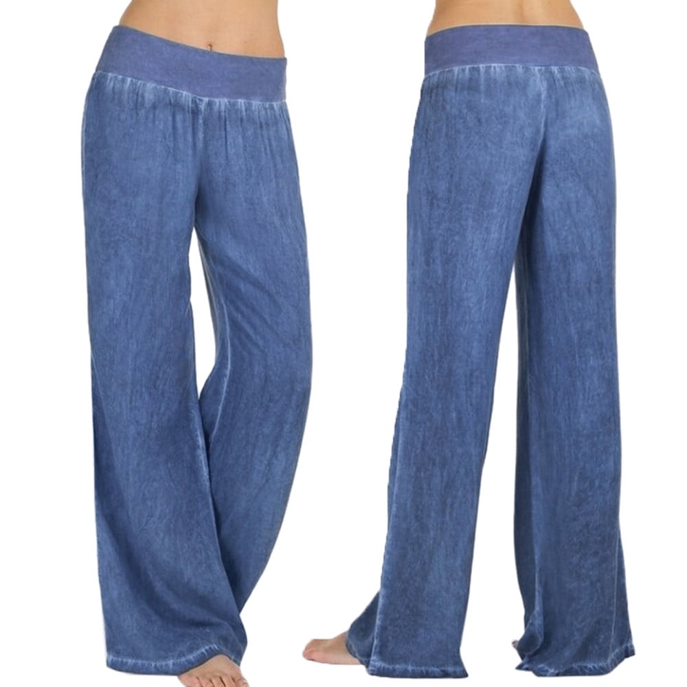 Women's Casual Denim Pants Elastic Waisted Wide Leg Palazzo Jeans