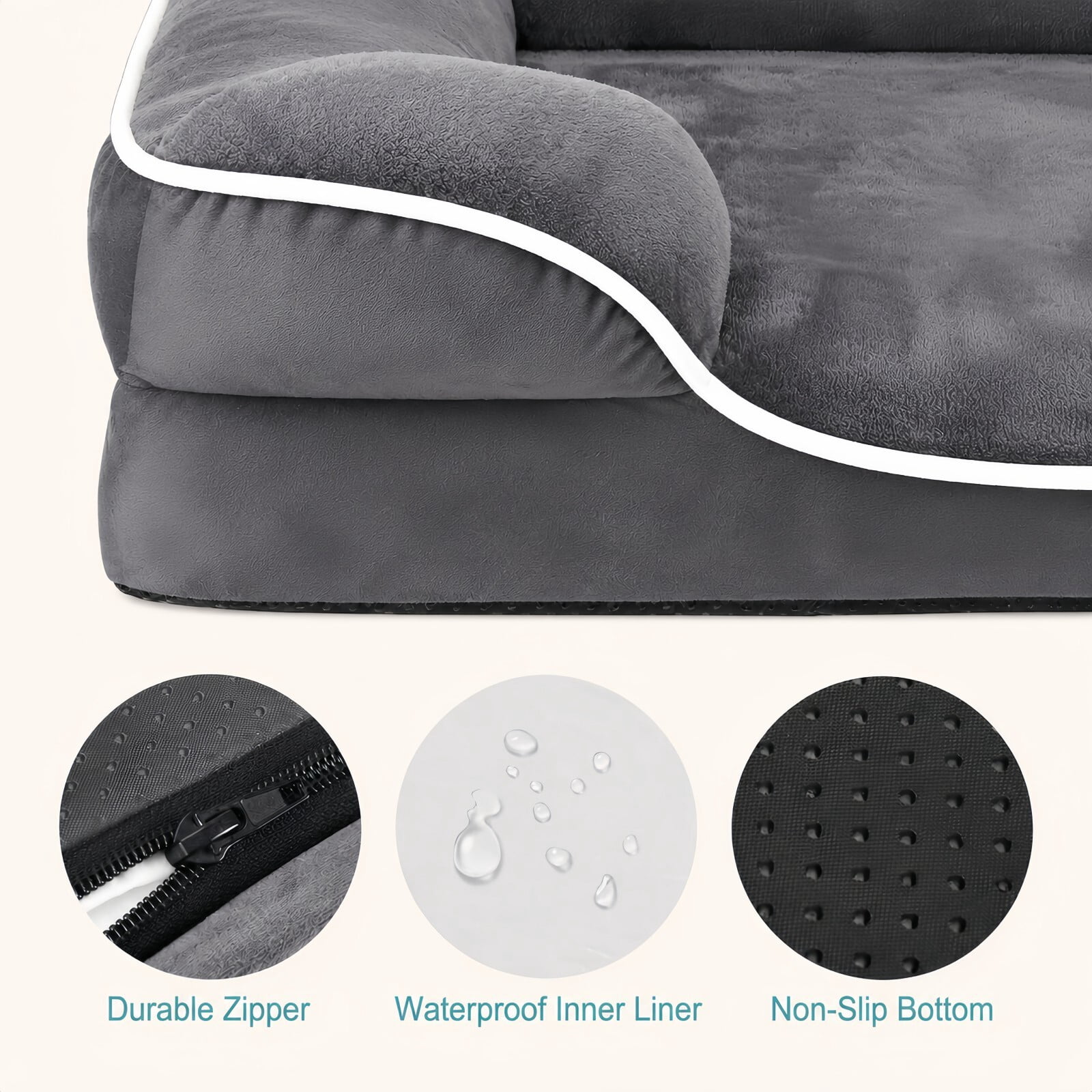 Kelno 42"x32" Orthopedic Dog Bed Supportive Egg Crate Foam Pet Couch Bed with Removable Washable Cover Anti Slip Bottom, Gray