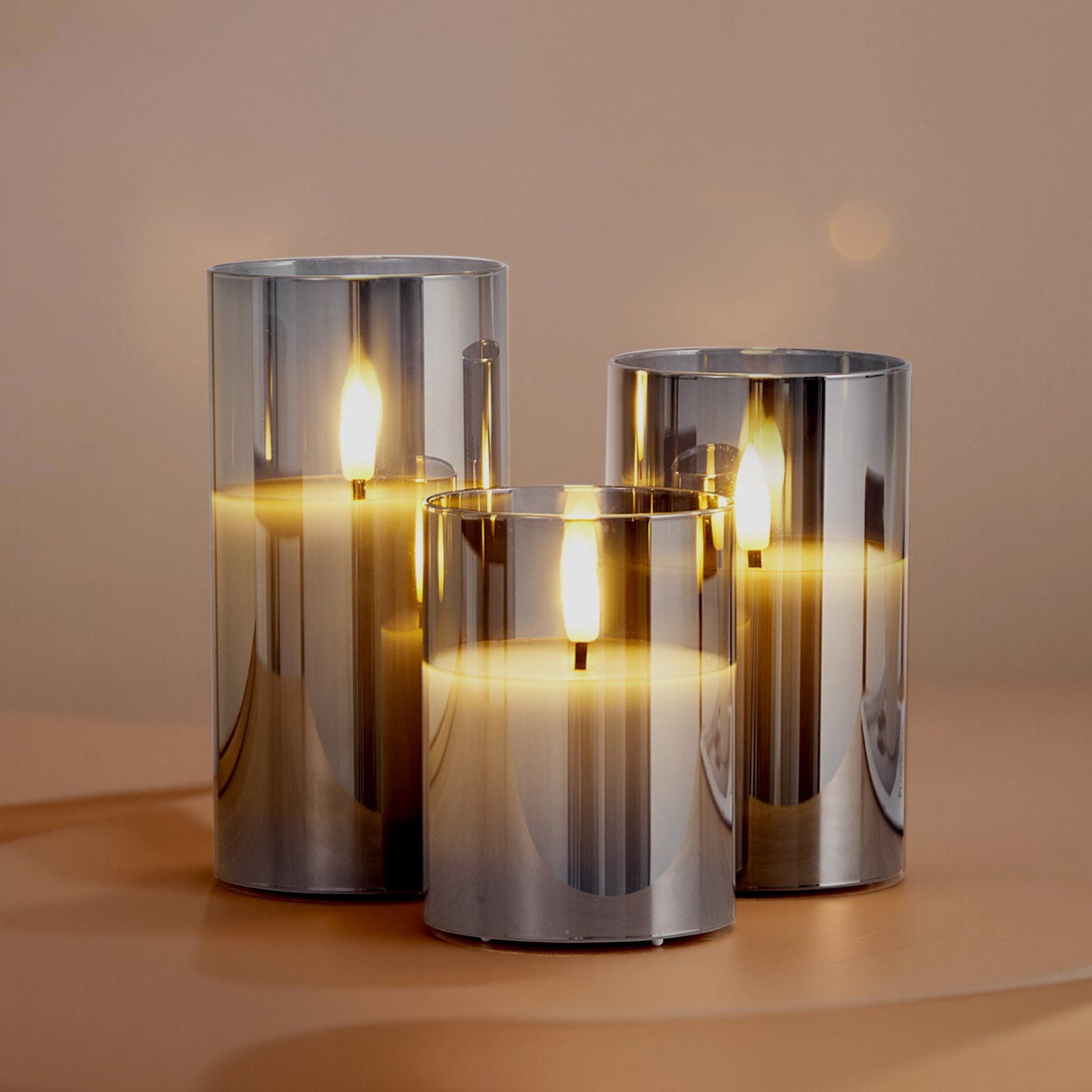 3 Pack Battery Operated Flameless LED Candles with Remote Control, 500-Hour Battery Life, Flickering Flame Effect, Safe for Kids and Pets, Gray Glass Wax Candles for Home Decor