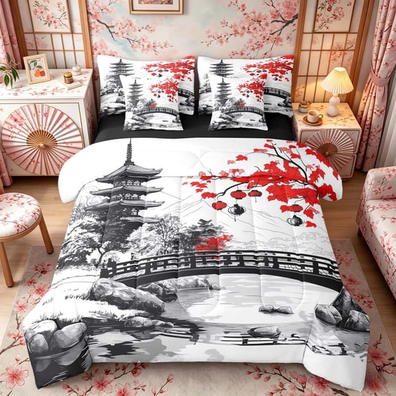 Manfei Traditional Red Lantern Pagoda Twin Bedding Sets for Teens, Japanese Bridge Bedding Comforter Set, Black White Red, Black Reversible7-Piece