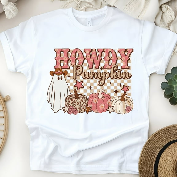 Cute Howdy Pumpkin Tee | Autumn Unisex Graphic Shirt, White, Size S