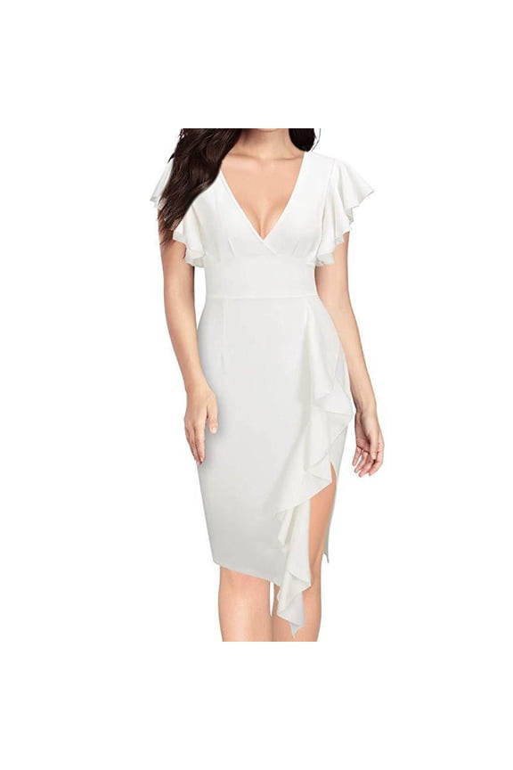 Miss Dress Fall Clothes Women Summer Deep V-Neck Ruffle Sleeves Fashion Splicing Pencil Dress