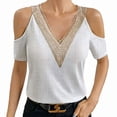 thumbnail image 2 of ClodeEU Women's V Neck Cold Shoulder Short Sleeve Top with Contrast Trim, Casual Solid Color Blouse White,Women's Plus XXL, 2 of 7