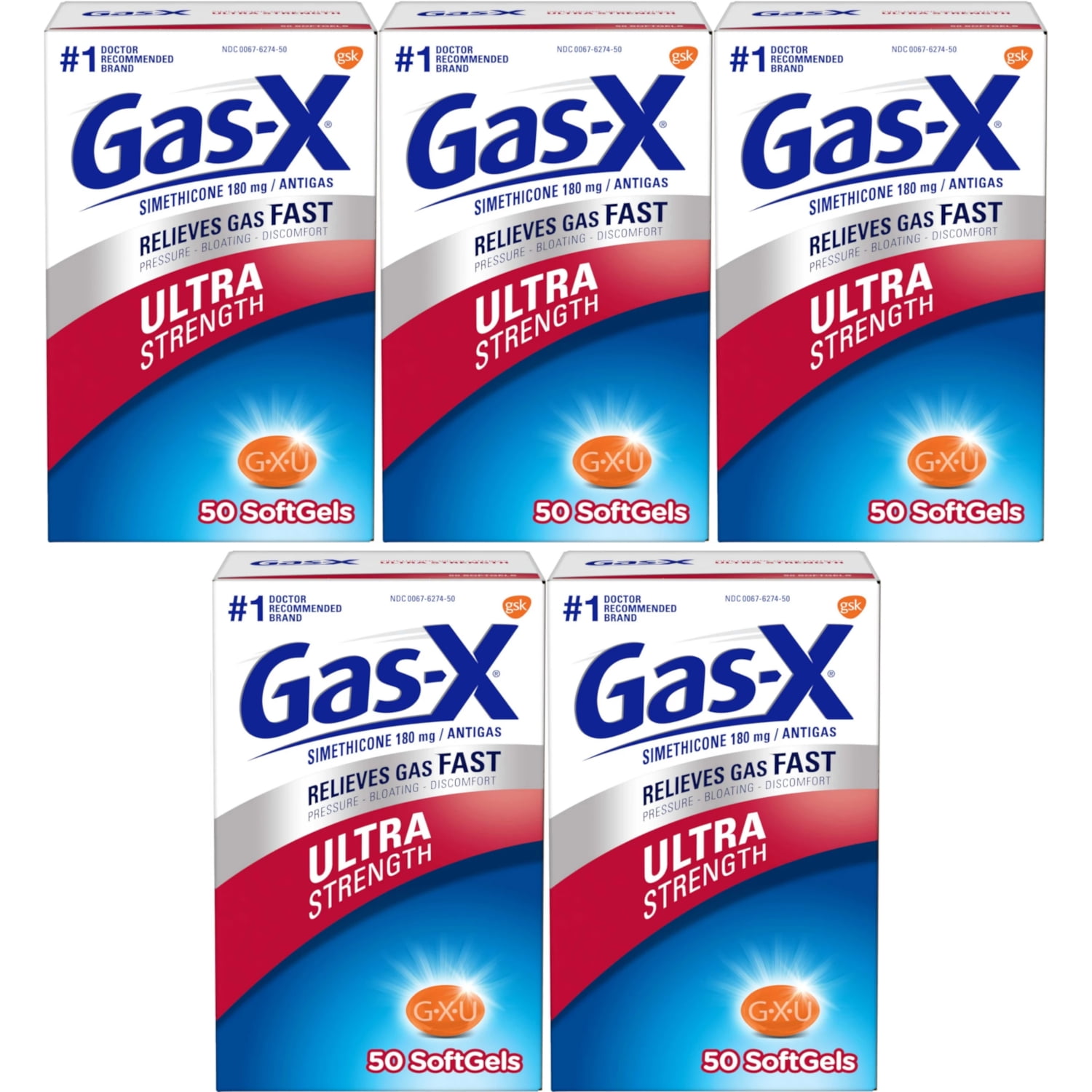5 Pack GasX Softgels Ultra Strength 50 Soft Gels Each