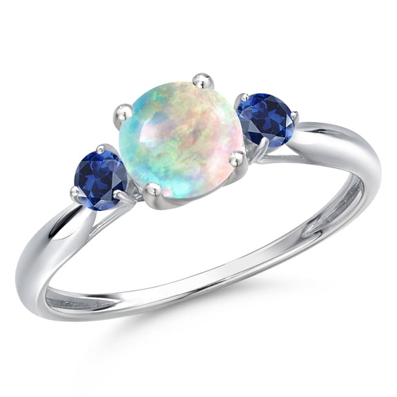 Gem Stone King 10K White Gold Simulated White Opal and Blue Created Sapphire 3-Stone Ring for Women | 0.58 Cttw | Round Cabochon 6MM | Gemstone October Birthstone | Size 8