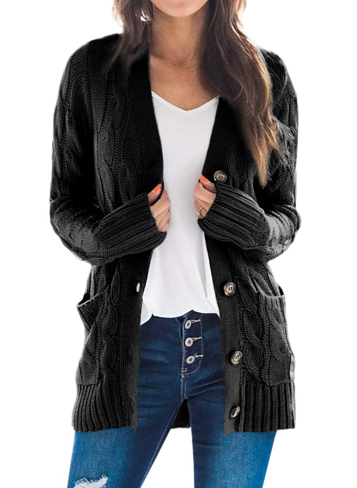 Dokotoo Womens Casual Open Front Chunky Knit Cardigan Long Black ...
