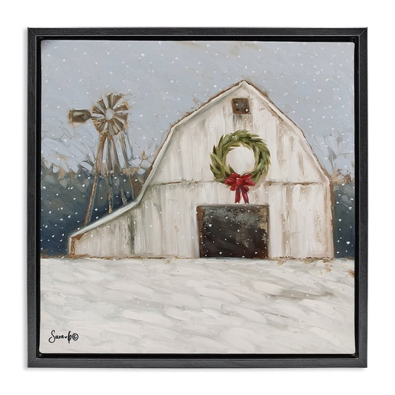 Stupell Industries Rustic Lodge Winter Barn with Snowflakes Black Floating Frame Canvas Art, 18 x 18, by Sara G. Designs