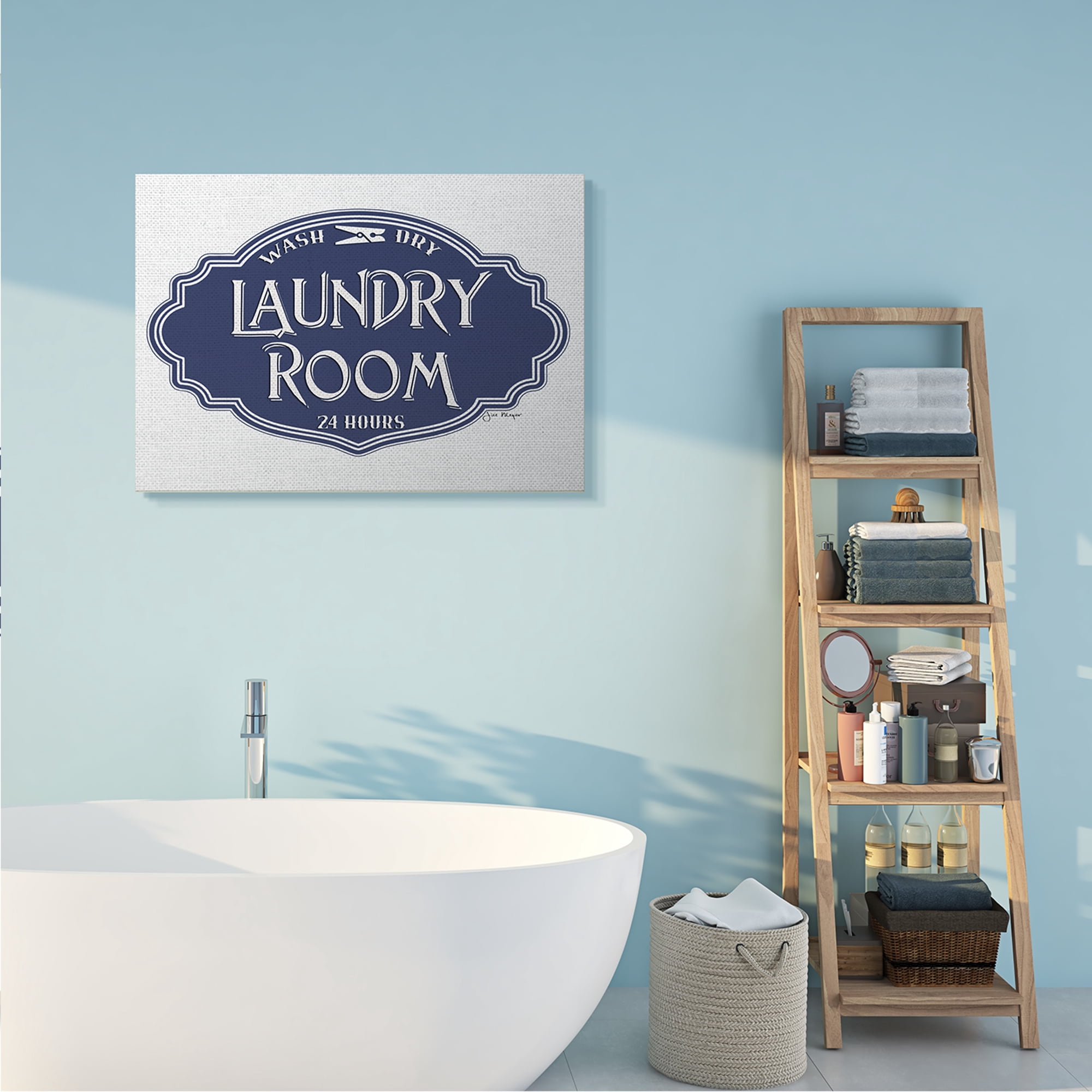 Stupell Industries Vintage Laundry Room Sign Minimal Blue White Typography Painting Gallery Wrapped Canvas Art Print Wall Art, 30 x 40