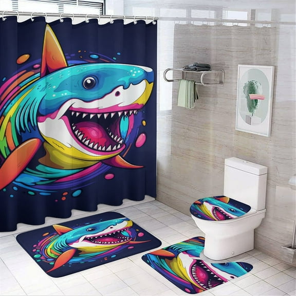Cool Shark Shower Curtain Set Waterproof Bathroom Toilet Seat Cover Bath Non-slip Mat Rug Carpet Bath Decor