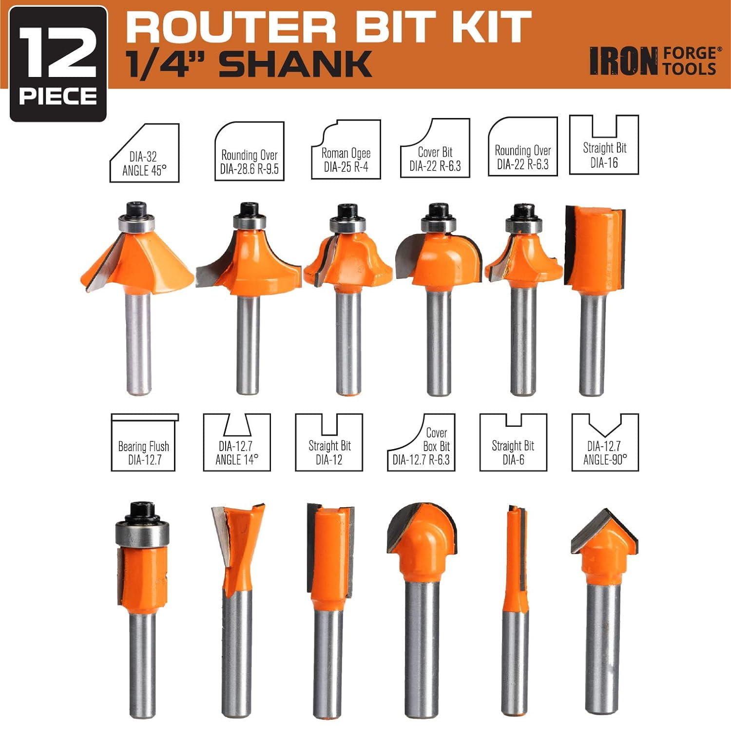 Router Bits Set 1/4 Inch Shank - 12 Piece Kit for Woodworking, Home Improvement and DIY Projects 1/4 Inch - 12 Piece - Wood Case